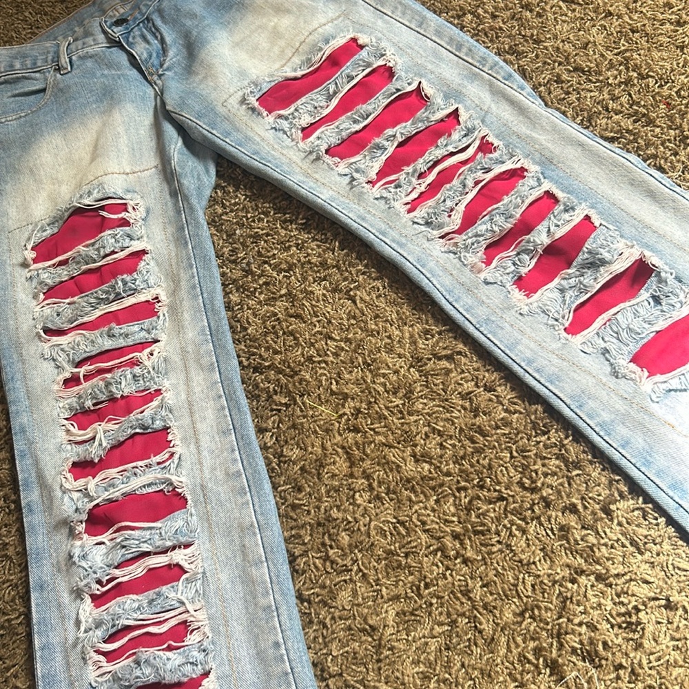 Zoomp Vintage Light Washed Distressed Pink Overlay Denim Jeans Size 36